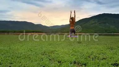 背面观景女孩站在瑜伽姿势与手举在湖上